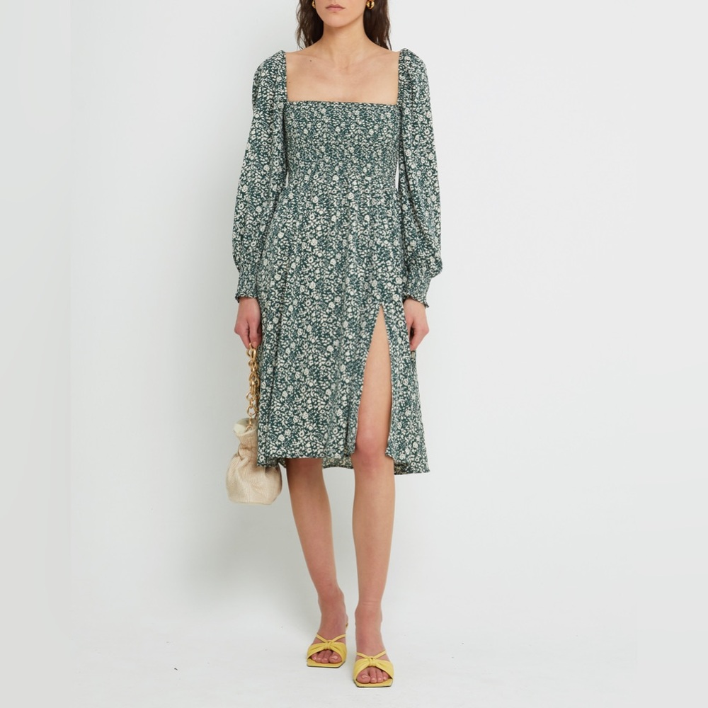 OPT Floral Green Smocked Dress